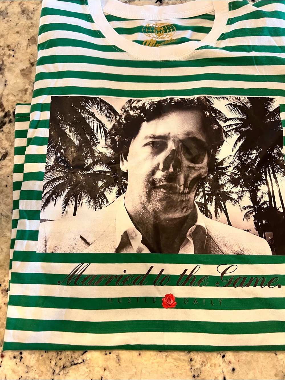 Hasta Meurte Green & White Striped Graphic Tee with Pablo Escobar “Hustle Daily - Picture 2 of 9